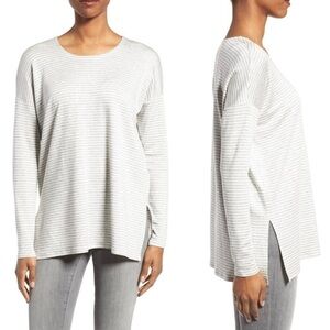 Eileen Fisher XXS Tencel Stretch Terry Pullover Top Gray Stripe Long Sleeve